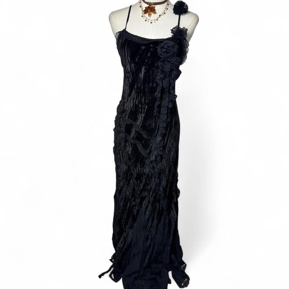 Y2K Fairy Ragdoll Black Rosette Lace Fairy Hem Maxi Dress Size S
